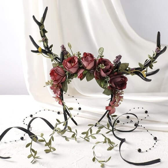 Flower Reindeer Headband for Women Woodland Fairy Cosplay Antler Hairpiece